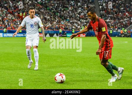 Kazan, Russia – June 28, 2017. Portugal national football team winger Nani and Chile midfielder Martin Rodriguez during FIFA Confederations Cup 2017 s Stock Photo