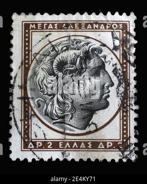Stamp printed in Greece from the Ancient Greek Art issue shows Alexander the Great, circa 1955. Stock Photo