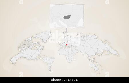 Map of Hungary with neighbor countries pinned on world map. Abstract triangles World Map. Stock Vector