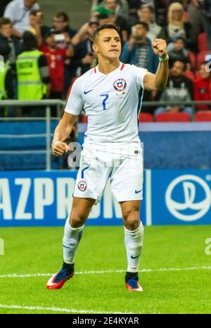 Kazan, Russia – June 28, 2017. Chile national football team striker Alexis Sanchez celebrating victory during penalty shootout of FIFA Confederations Stock Photo