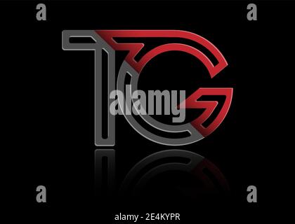 Stylized lowercase letters T and G in red and black connected by a single line for logo, monogram and creative design. Vector illustration isolated on Stock Vector
