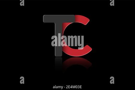 Stylized lowercase letters T and C in red and black connected by a single line for logo, monogram and creative design. Vector illustration isolated on Stock Vector