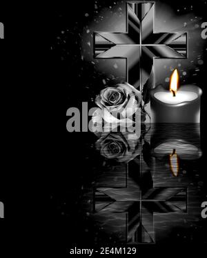 Rose, cross and candle on black background. Condolence card. Empty place for emotional, sentimental text or quote. Stock Photo
