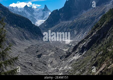 The view from the Grand Balcon Nord of the Mer de Glace, a deep glaciated valley in the French Alps. Stock Photo