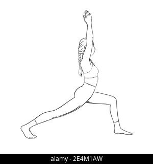 Yoga warrior pose or virabhadrasana II. Woman yoga workout for slim body. Hand drawn sketch vector illustration isolated on white background Stock Vector