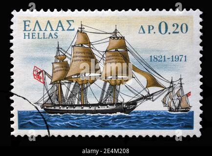 Stamp printed in Greece from the 150th Anniversary of War of Independence, shows warship Leonidas, circa 1971. Stock Photo