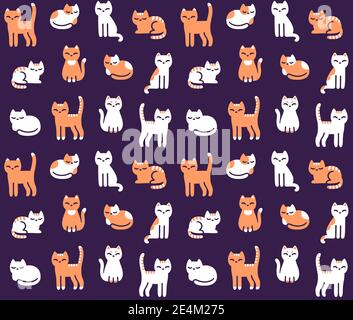 Cute cartoon cat seamless pattern. Hand drawn kitties in different poses on dark background. Tileable vector illustration. Stock Vector