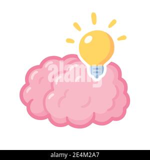 Cartoon brain with lightbulb, bright idea. Creative thinking and problem solving. Isolated vector clip art illustration. Stock Vector