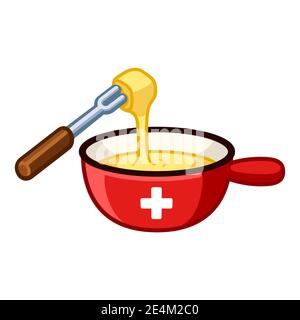Swiss cheese fondue with flag of Switzerland on cast iron pot, dipping food in melted cheese. Cartoon vector clip art illustration. Stock Vector