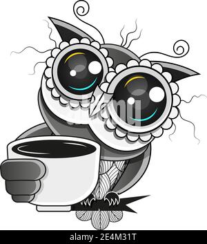 Hand drawn typography coffee poster. Cute trendy owl with cup of hot coffee. Greeting card or print invitation with phrase. But first coffee. Emblem Stock Vector