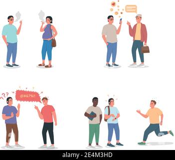 People with unhealthy habits flat color vector detailed character set Stock Vector