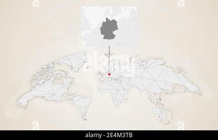 Map of Germany with neighbor countries pinned on world map. Abstract triangles World Map. Stock Vector