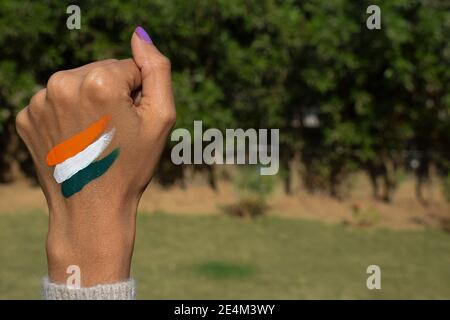 Indian flag tattoo of tri colour painted on person's hand cheering and  celebrating Indian republic day Stock Photo - Alamy