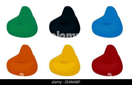 Bean bag chair set isolated on white. Flexible soft seat in different colors. Cartoon vector illustration of comfortable modern furniture. Stock Vector