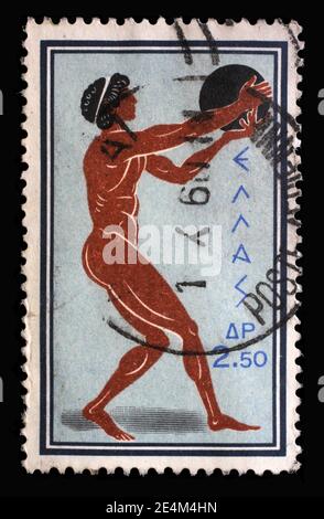 Stamp printed in Greece from the 'Olympic Games, Rome' issue shows Discus throw, circa 1960. Stock Photo