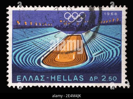 Stamp printed in Greece shows Panathenaikos Stadium, Summer Olympic Games 1968 - Mexico City series, circa 1968 Stock Photo