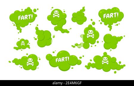 Smelling green cartoon fart cloud flat style design vector illustration with text fart set. Bad stink or toxic aroma cartoon smoke cloud isolated on w Stock Vector