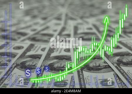 Financial Chart at banknote pile 100 USD background Stock Photo