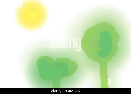 hand drawn abstract trees and sun in white background. Stock Photo