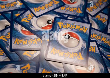 Bangkok, Thailand - January 23, 2021 : A pile of Pokemon Trading Card game. Stock Photo