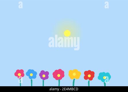 small happy hand drawn flowers in blue sky with sun. Stock Photo