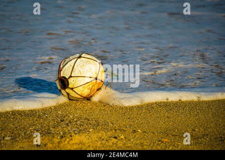 A  washed up spherical polystyrene float washing up in the waves onto a sandy shore. Stock Photo