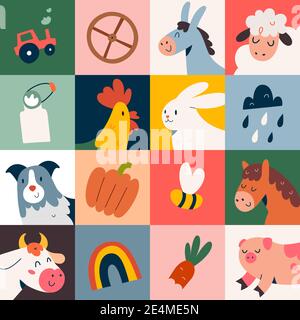 Farm animals poster with cute doodle cartoon illustrations for kids, colored pop art mural, cow, dog and pig Stock Vector