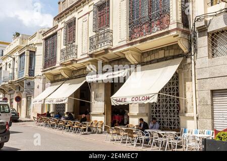 Locals enjoying mint tea in the popular Cafe Colon in Rue de la Kasbah in Tangier, Morocco Stock Photo