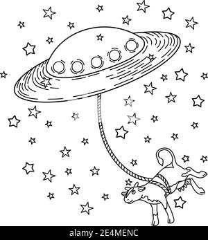 Ufo takes cow pop art style vector illustration. Comic book style imitation Stock Vector