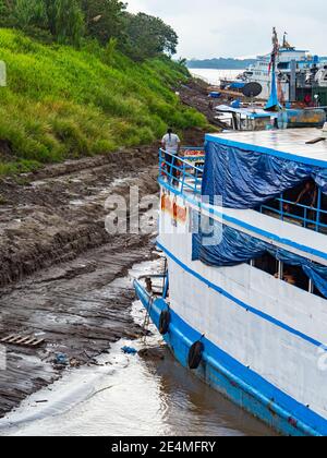 Amazon River, Peru - December 04 , 2018: View of slow boat 'Victor Manuel' in the small port on the Amazon River. Amazonia. South America Stock Photo