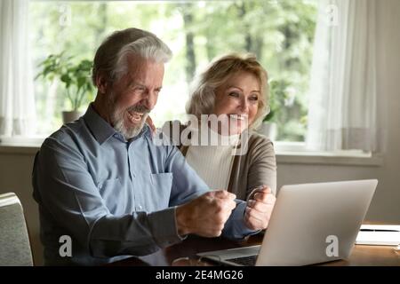 Overjoyed mature man and woman using laptop, chatting online Stock Photo