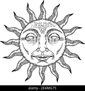 Antique style hand drawn art sun. Boho chic tattoo design vector illustration Stock Vector