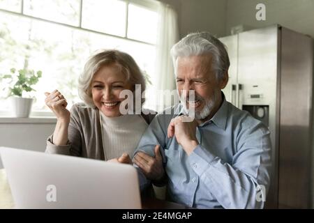 Close up overjoyed mature spouses looking at laptop screen Stock Photo