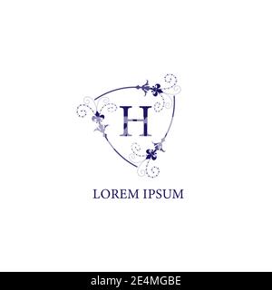 Letter H alphabet initial logo design template. Decorative floral shield with Lily Flower ornament. Isolated on white background. Purple Violet Color Stock Vector