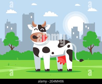 cute cow stands on a green lawn against the backdrop of the city. flat vector character illustration. Stock Vector