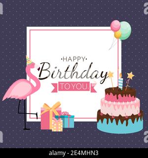 Cute Happy Birthday Background with PInk Flamingo, Cake and Candles. Design Element for Party Invitation, Congratulation. Vector Illustration EPS10 Stock Vector