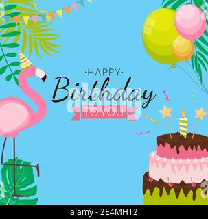 Cute Happy Birthday Background with PInk Flamingo, Cake and Candles. Design Element for Party Invitation, Congratulation. Vector Illustration EPS10 Stock Vector