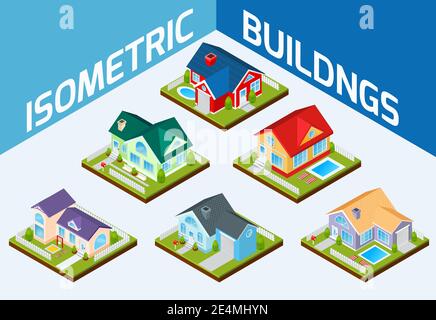 Private house real estate decorative icons set 3d isometric isolated vector illustration Stock Vector