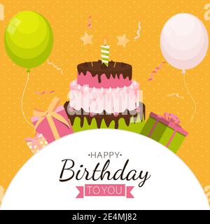 Cute Happy Birthday Background with Gift Box, Cake and Candles. Design Element for Party Invitation, Congratulation. Vector Illustration EPS10 Stock Vector