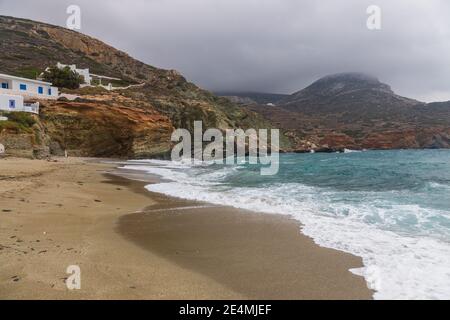 View of the coast and Agkali beach of the island of Folegandros. Aegean Sea, Cyclades Archipelago, Greece. Stock Photo