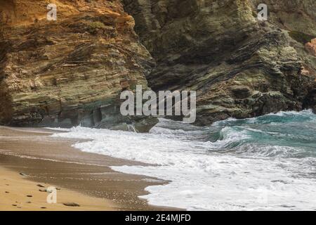 View of the coast and Agkali beach of the island of Folegandros. Aegean Sea, Cyclades Archipelago, Greece. Stock Photo