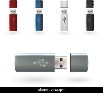 USB flash drive portable data devices set realistic decorative icons isolated vector illustration Stock Vector