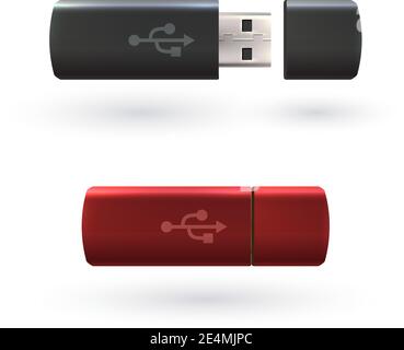 Red and black USB flash drives 3d realistic objects isolated on white background vector illustration Stock Vector