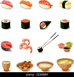 Asia food icon set with sushi rolls sashimi noodle miso isolated vector illustration Stock Vector