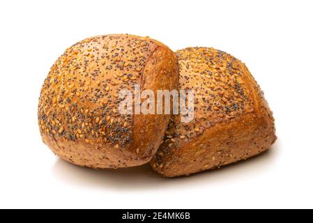 Two multigrain bread rolls isolated against white background Stock Photo