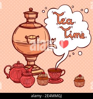 Tea time background with sketch samovar and teapot cup cake vector illustration Stock Vector