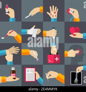 Medical hands with thermometer medicine syringe flat icons set isolated vector illustration Stock Vector
