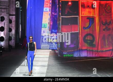 Berlin, Germany. 22nd Jan, 2021. A model shows fashion at the About You show at the About You Fashion Week production at Kraftwerk in Köpenicker Straße. The Berlin Fashion Week for the autumn/winter season 2021/2022 will take place online this time, the shows will be shown online because of the pandemic. Credit: Jens Kalaene/dpa-Zentralbild/dpa/Alamy Live News Stock Photo