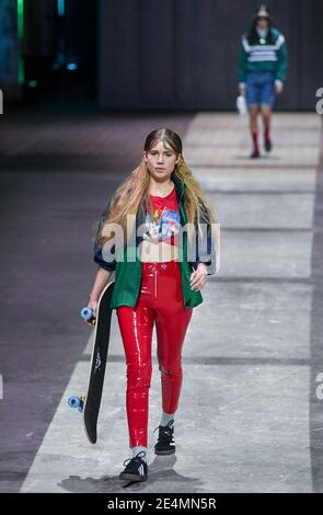 Berlin, Germany. 22nd Jan, 2021. Models show fashion at the About You Show at the About You Fashion Week production at Kraftwerk in Köpenicker Straße. The Berlin Fashion Week for the autumn/winter season 2021/2022 will take place online this time, the shows will be shown online because of the pandemic. Credit: Jens Kalaene/dpa-Zentralbild/dpa/Alamy Live News Stock Photo