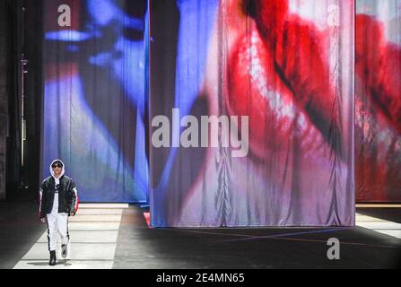 Berlin, Germany. 22nd Jan, 2021. A model shows fashion at the About You show at the About You Fashion Week production at Kraftwerk in Köpenicker Straße. The Berlin Fashion Week for the autumn/winter season 2021/2022 will take place online this time, the shows will be shown online because of the pandemic. Credit: Jens Kalaene/dpa-Zentralbild/dpa/Alamy Live News Stock Photo